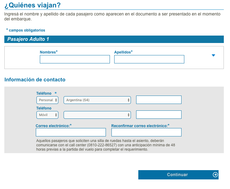 Datos de los pasajeros y pago